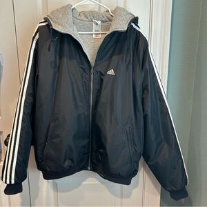 Vintage Y2K Men’s Adidas Reversible Black & Gray Hooded Puffer Jacket Size XL